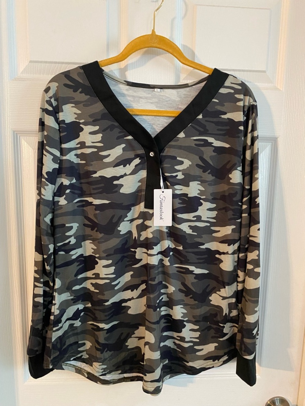 Camo Long Sleeve V-Neck Tee with Black Trim